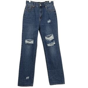 NWT Fashion Nova Women Jean Size 1 High Rise Distressed Straight Leg Blue Cotton